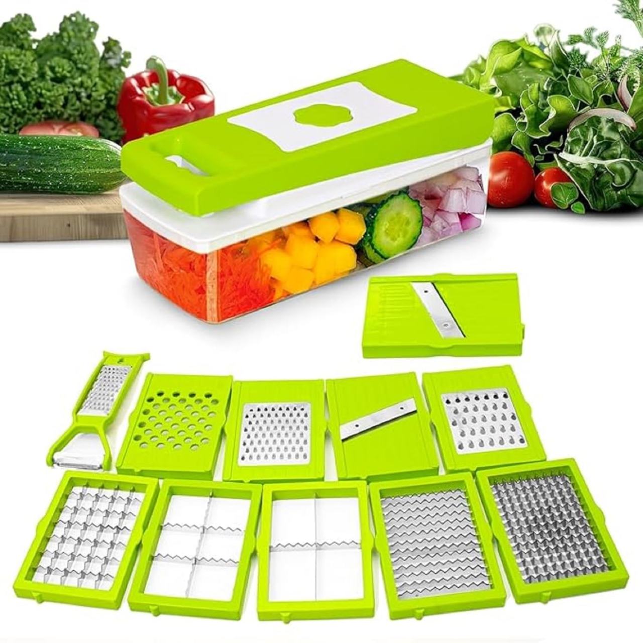 Multi-Function Vegetable Chopper and Slicer Set - Green & White
