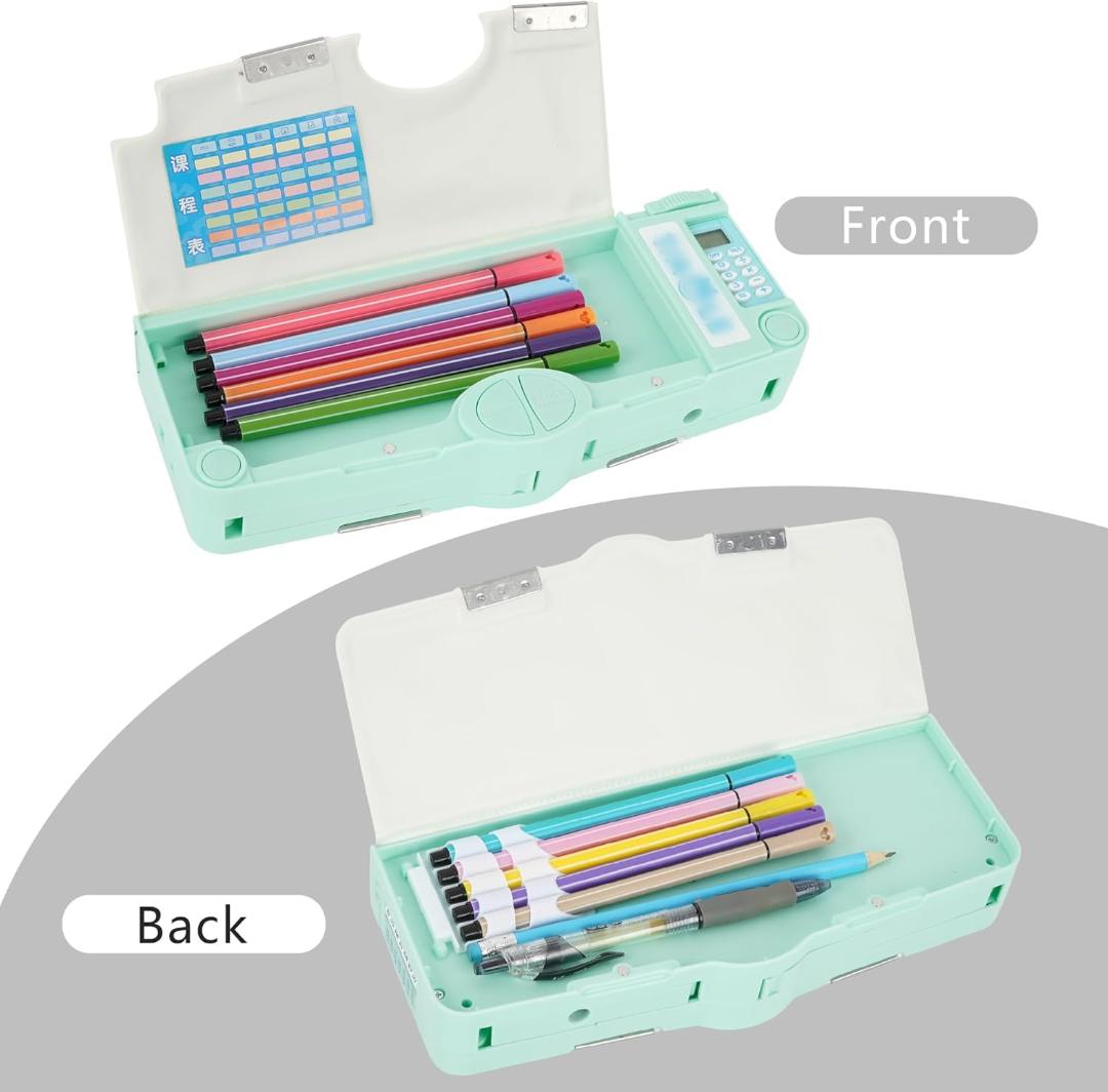Multifunctional Pencil Case with Calculator and Photo Insert - Green