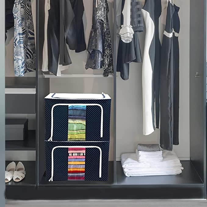 Navy Blue Polka Dot Foldable Storage Organizer Box with Clear Window and Steel Frame