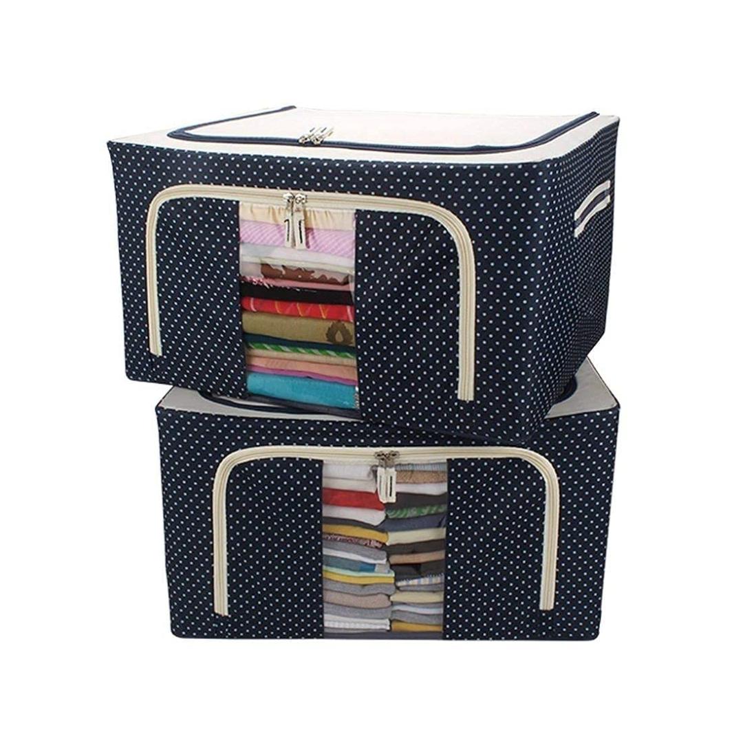 Navy Blue Polka Dot Foldable Storage Organizer Box with Clear Window and Steel Frame