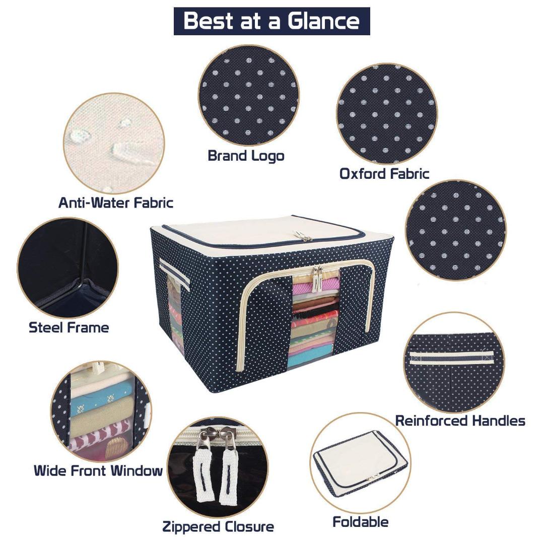 Navy Blue Polka Dot Foldable Storage Organizer Box with Clear Window and Steel Frame
