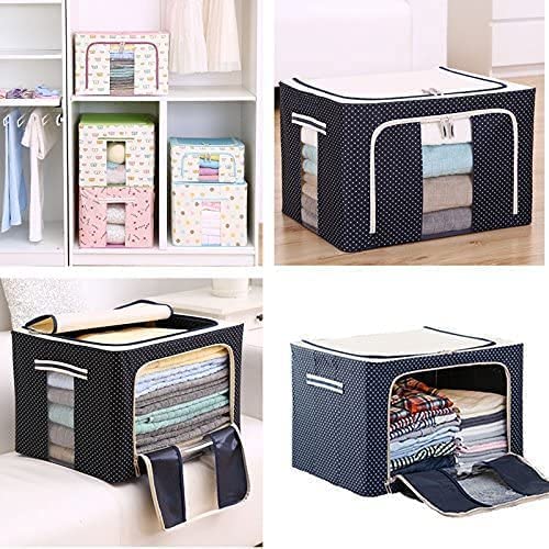 Navy Blue Polka Dot Foldable Storage Organizer Box with Clear Window and Steel Frame