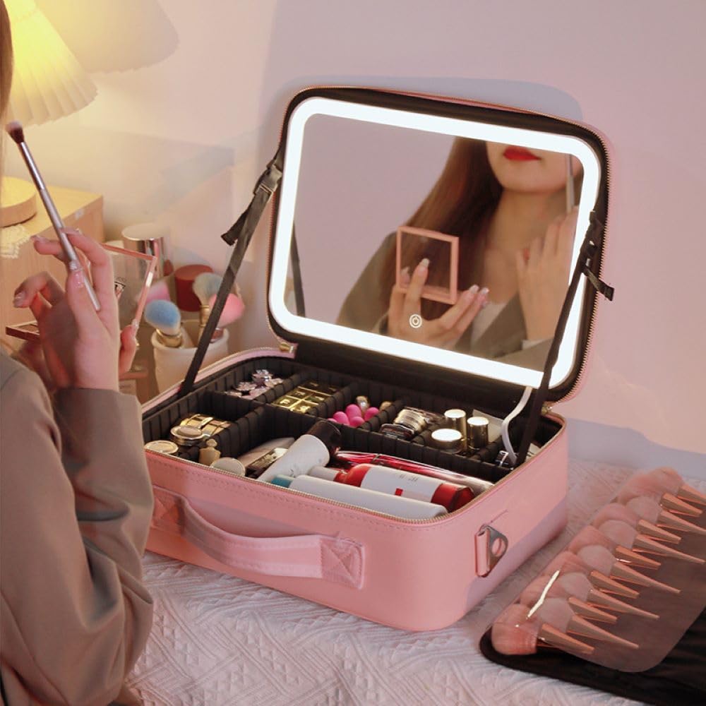 Pink LED Light Makeup Organizer Box with Touch Mirror