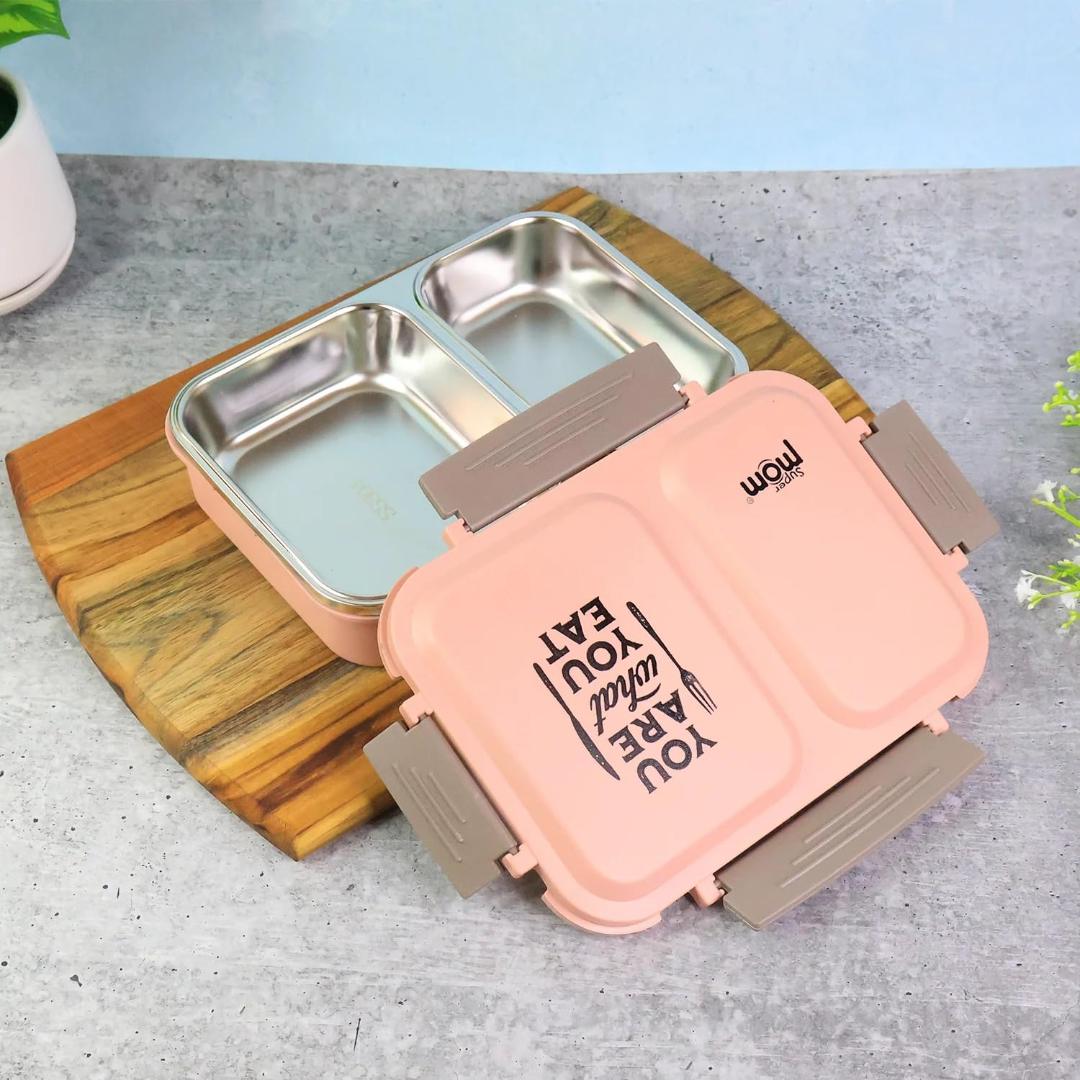 Pink Stainless Steel Lunch Box with 2 Compartments - 'You Are What You Eat' Design