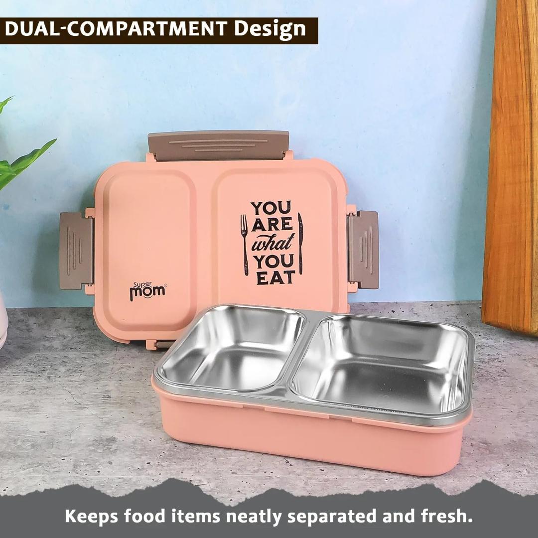Pink Stainless Steel Lunch Box with 2 Compartments - 'You Are What You Eat' Design