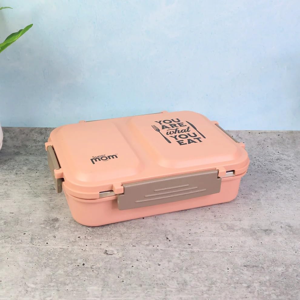 Pink Stainless Steel Lunch Box with 2 Compartments - 'You Are What You Eat' Design