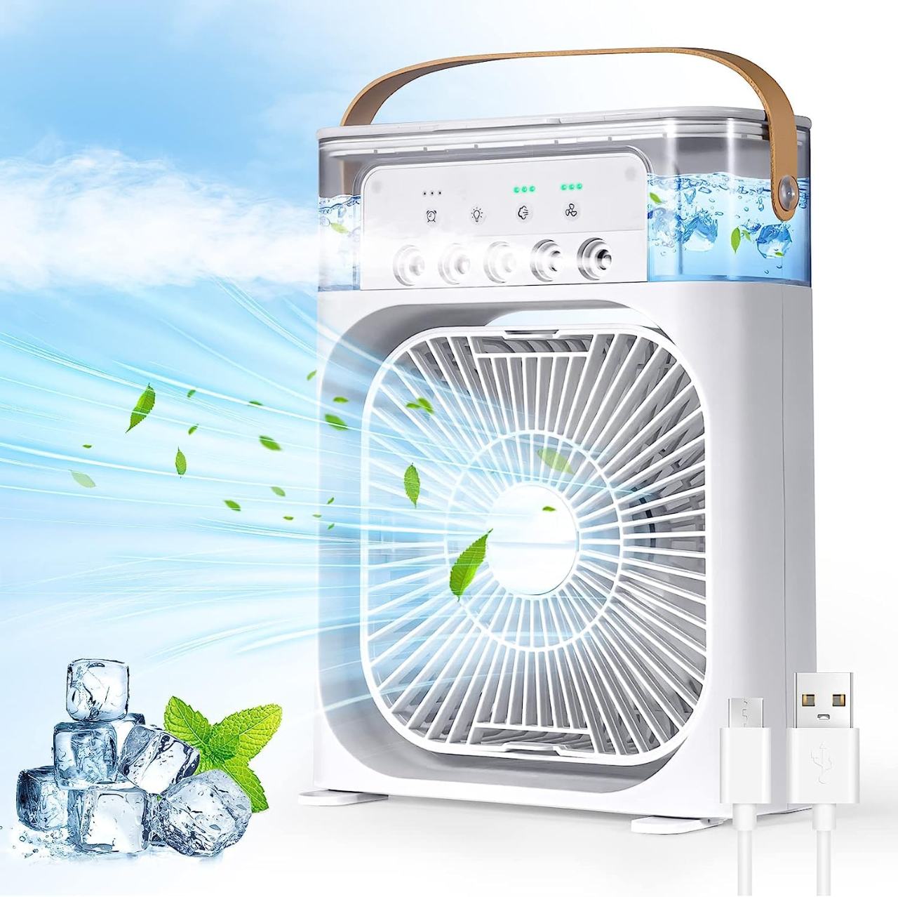 Portable Evaporative Air Cooler with 600ML Water Tank, 5 Mist Vents & Timer Function