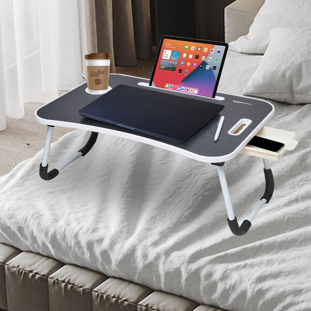 Portable Foldable Laptop Table with Cup and Tablet Holder - Wooden Texture Design