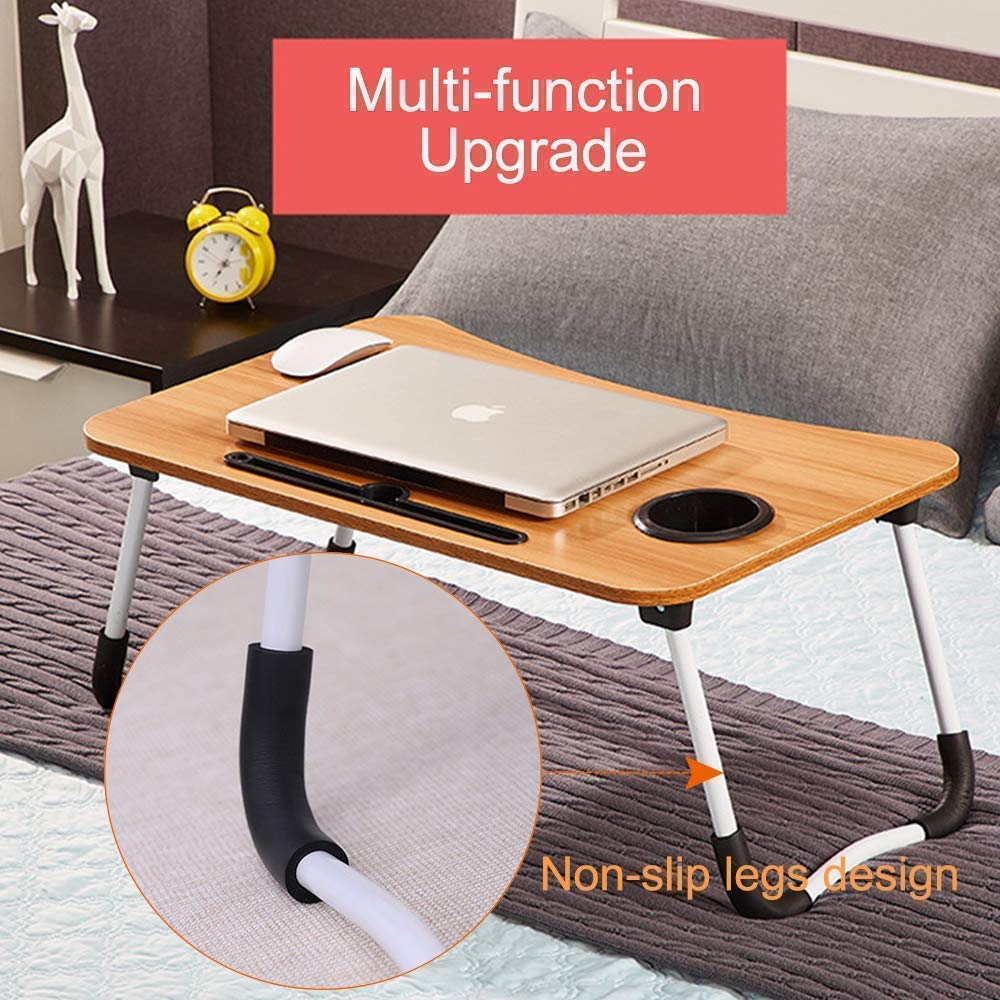 Portable Foldable Laptop Table with Cup and Tablet Holder - Wooden Texture Design