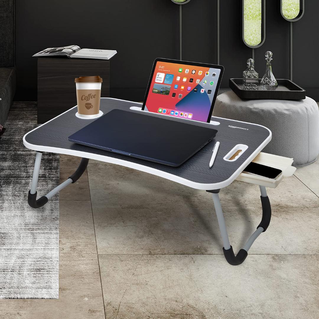 Portable Foldable Laptop Table with Cup and Tablet Holder - Wooden Texture Design