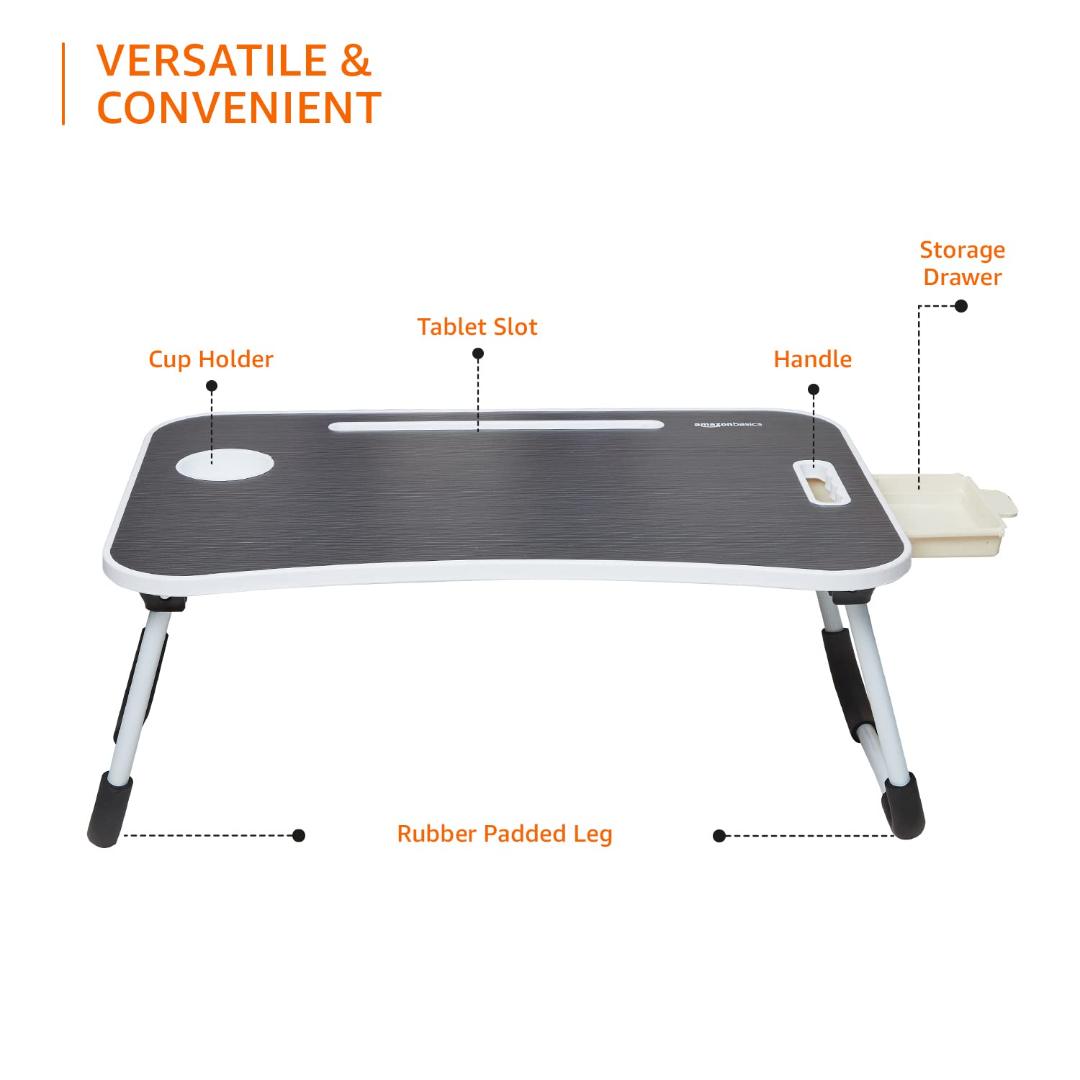 Portable Foldable Laptop Table with Cup and Tablet Holder - Wooden Texture Design