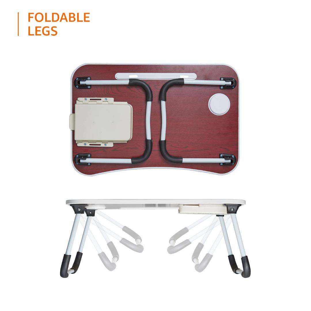 Portable Foldable Laptop Table with Cup and Tablet Holder - Wooden Texture Design