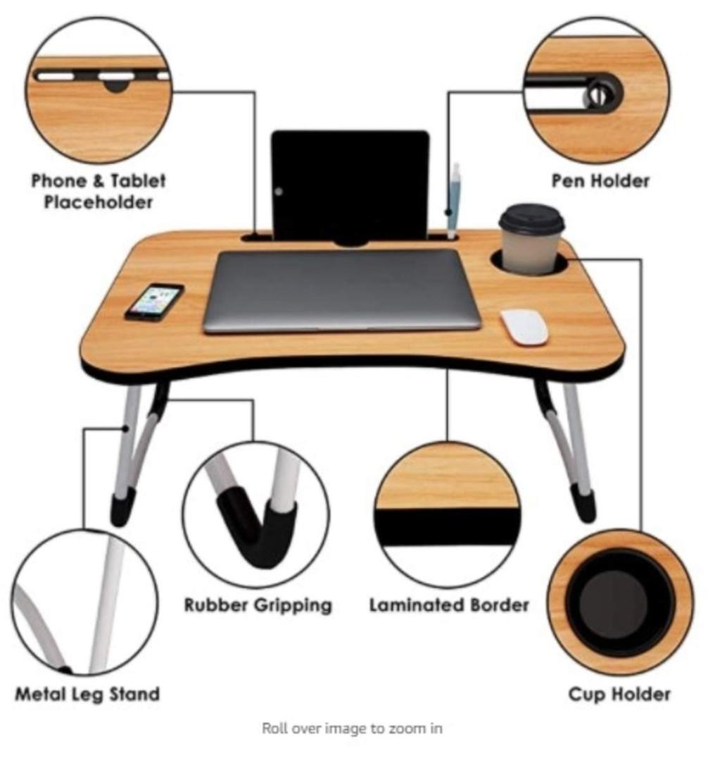Portable Foldable Laptop Table with Cup and Tablet Holder - Wooden Texture Design