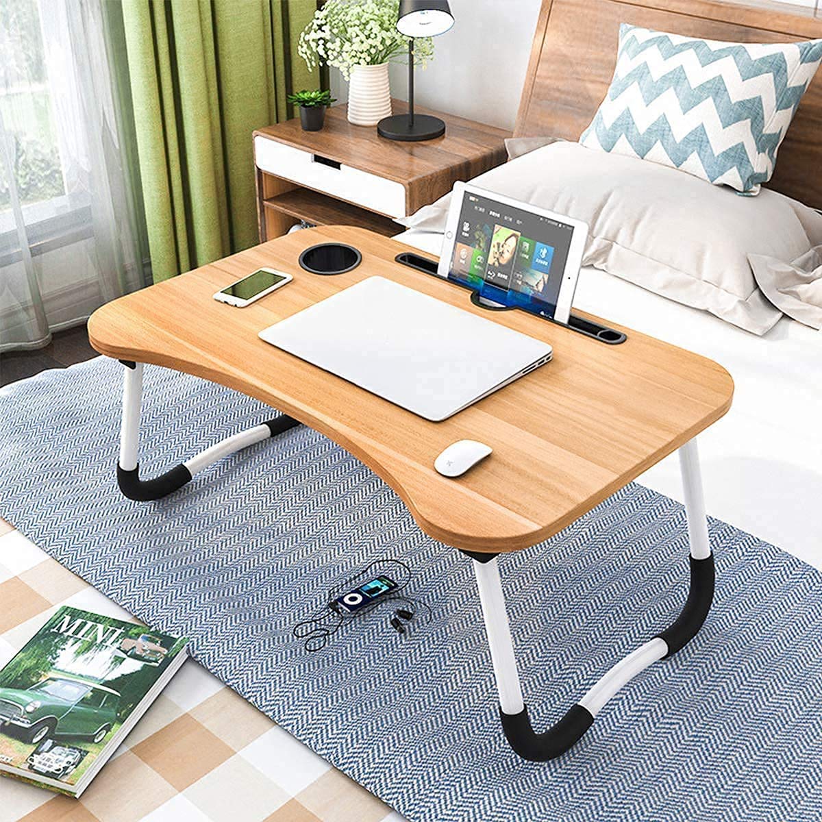 Portable Foldable Laptop Table with Cup and Tablet Holder - Wooden Texture Design