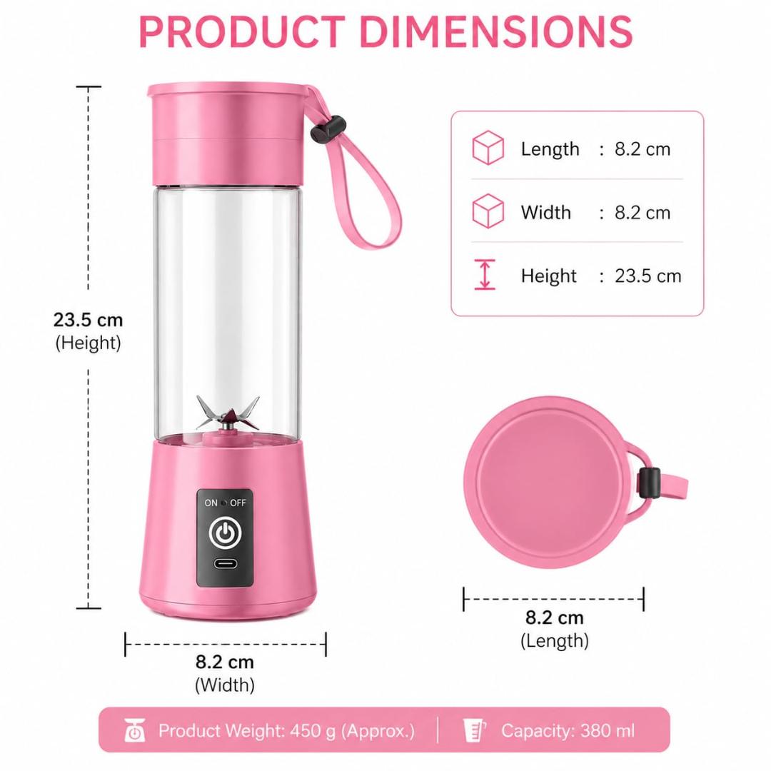 Portable USB Electric Juicer – 6-Blades Protein Shaker Blender Cup (380 ML)