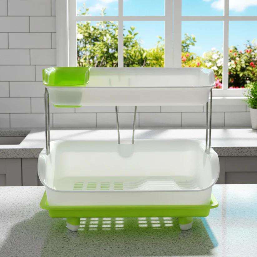 Prexo 2 Layer Kitchen Dish Drying Rack with Drain Tray (1 Set)