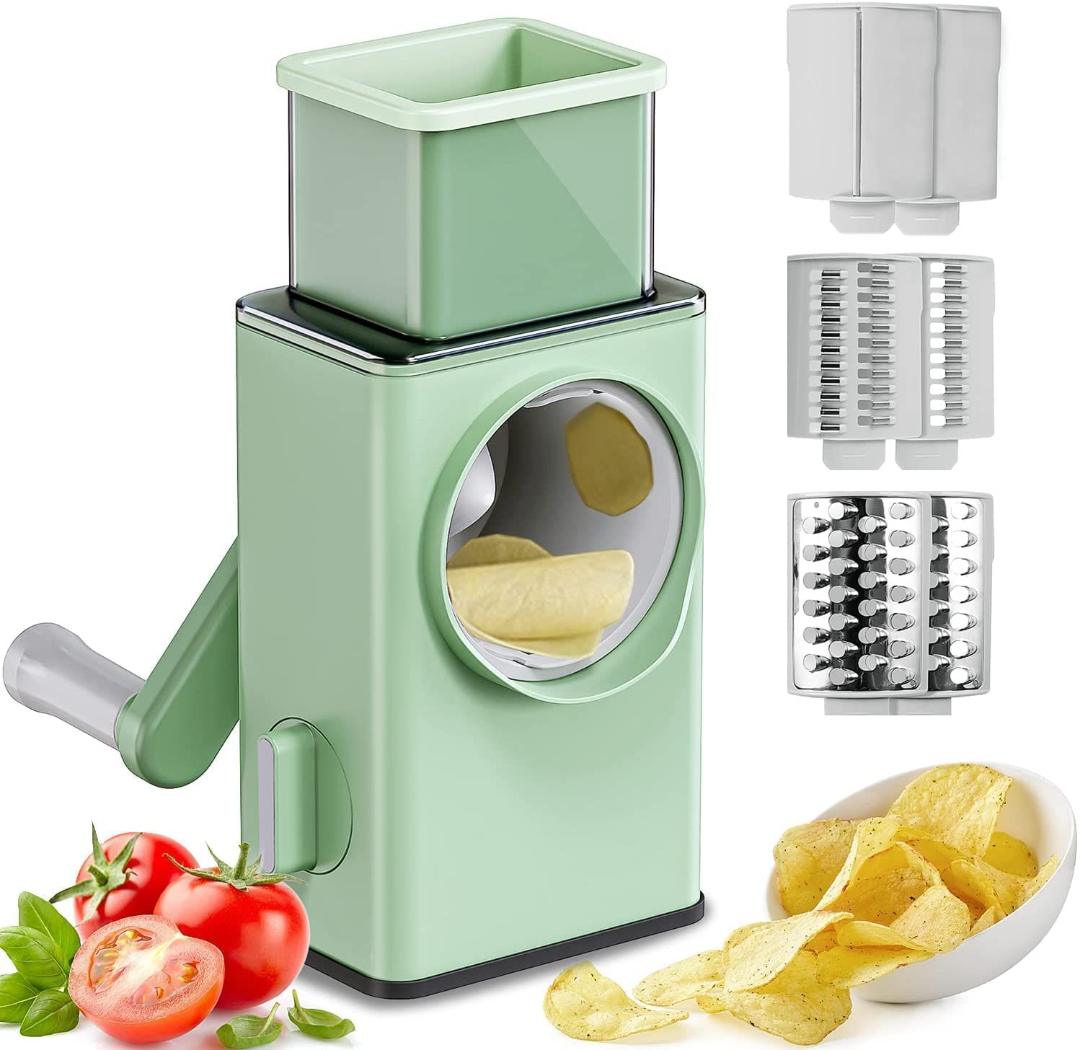 Rotary Vegetable Slicer and Grater - 3-in-1 Manual Kitchen Tool with Multiple Blades