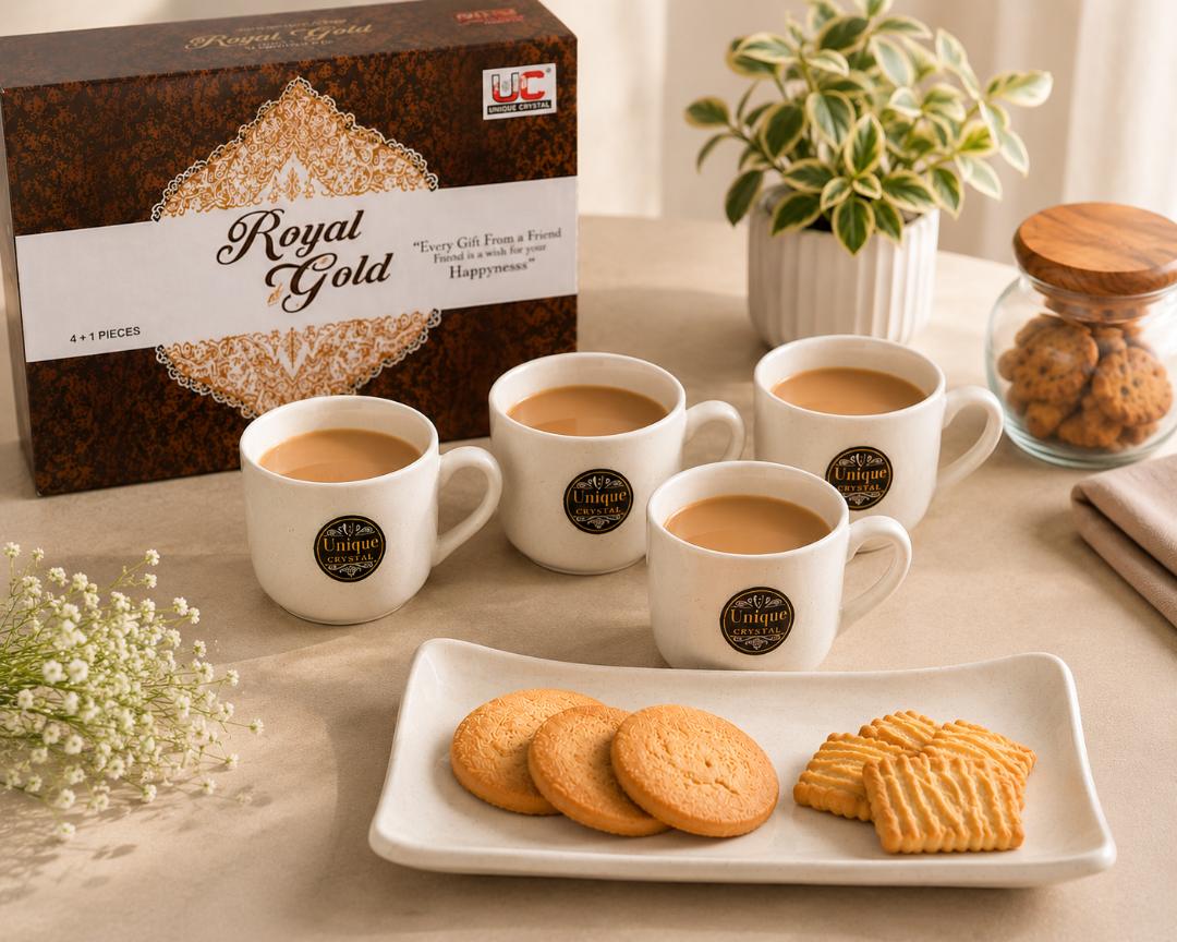 Royal Gold 4 Cups & 1 Serving Tray Set | Premium Ceramic Tea & Coffee Serving Set