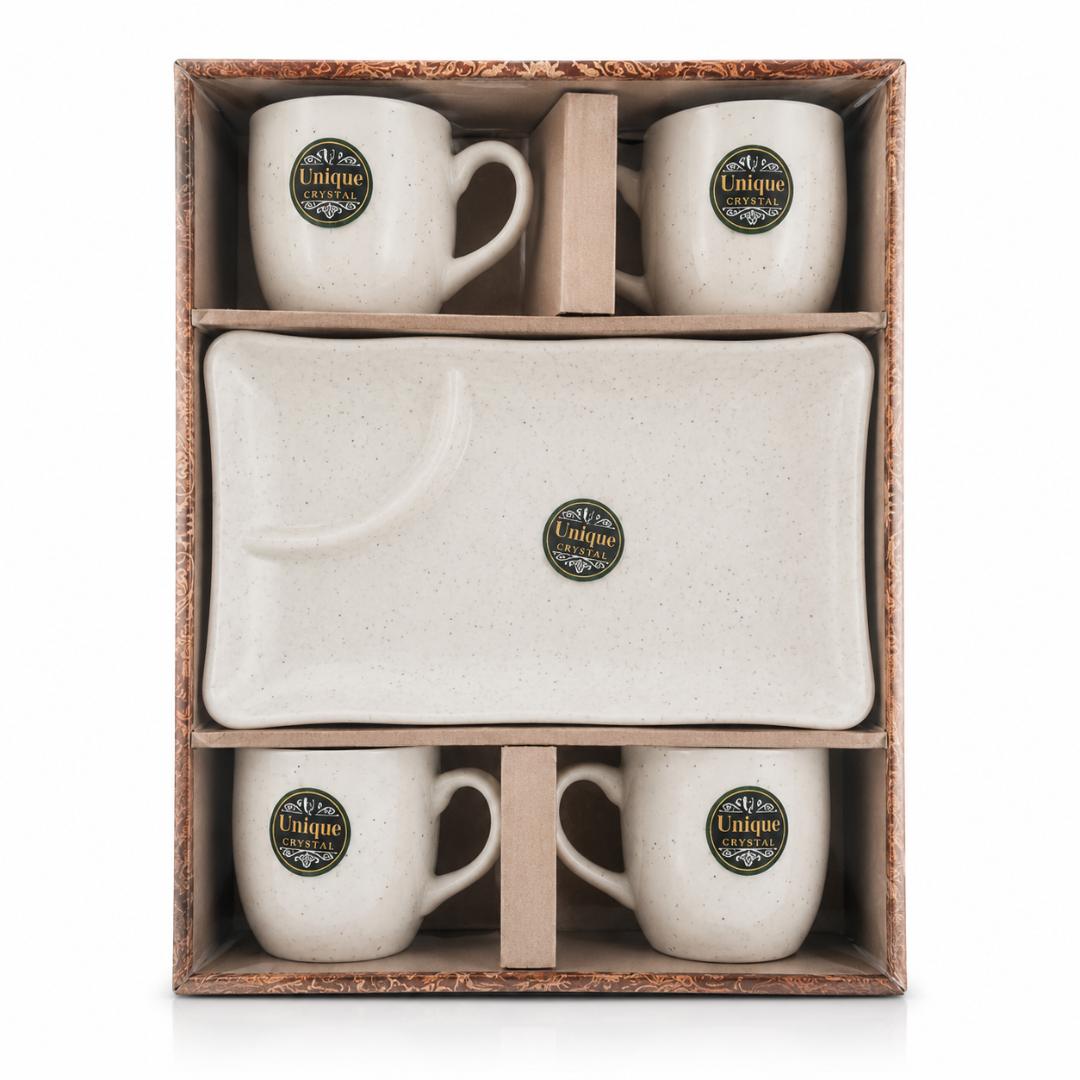 Royal Gold 4 Cups & 1 Serving Tray Set | Premium Ceramic Tea & Coffee Serving Set