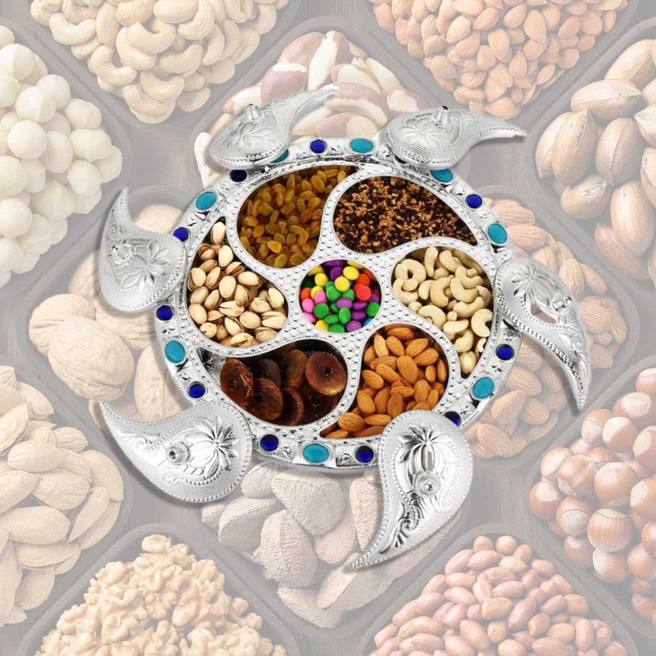Silver-Plated Turtle Dry Fruit and Snack Serving Tray with Compartments