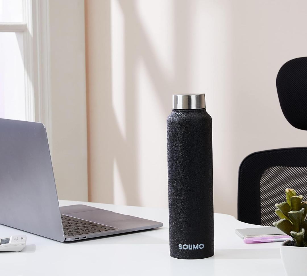 Solimo Stainless Steel Insulated Water Bottle with Leak-Proof Cap - 26cm, Black