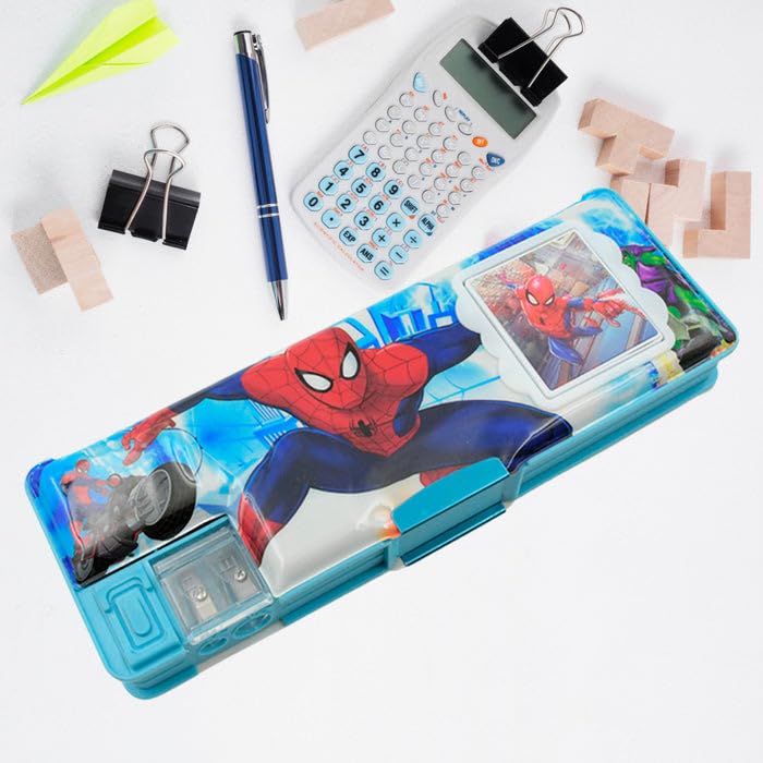 Spider-Man Themed Multi-Compartment Pencil Box with Calculator and Sharpener - Blue
