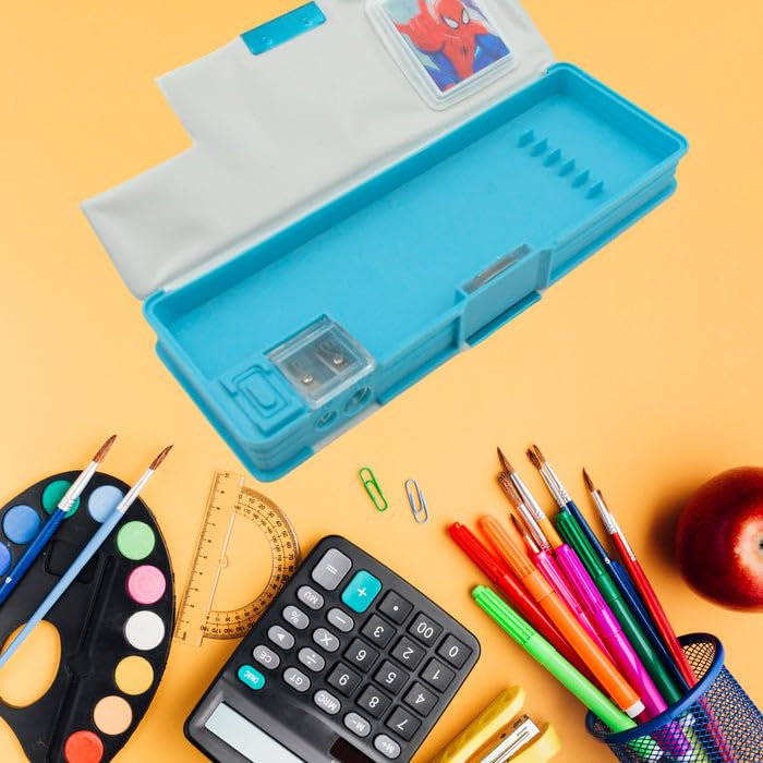 Spider-Man Themed Multi-Compartment Pencil Box with Calculator and Sharpener - Blue