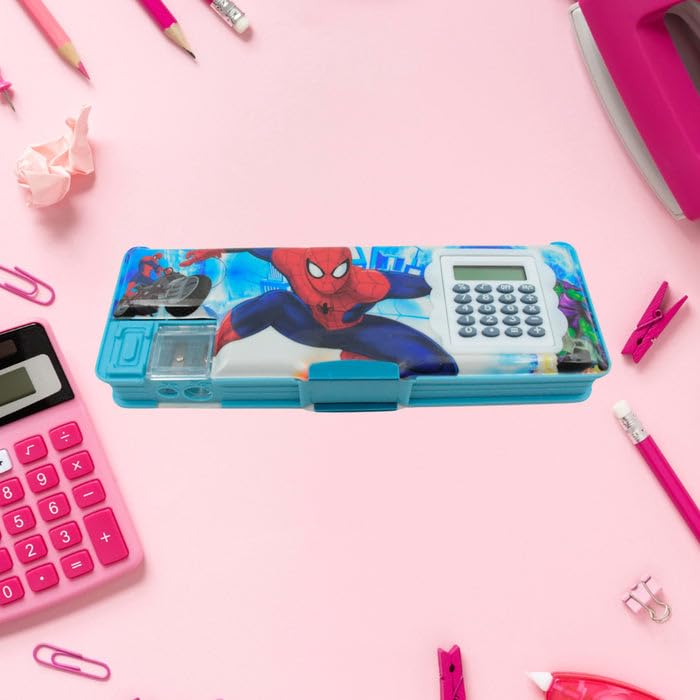 Spider-Man Themed Multi-Compartment Pencil Box with Calculator and Sharpener - Blue