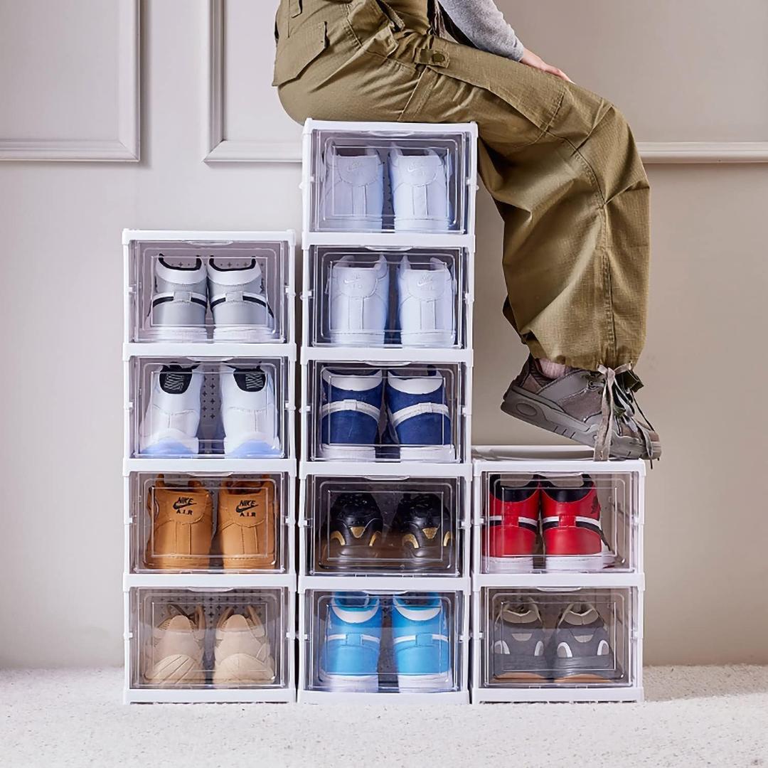 Stackable Clear Shoe Storage Boxes - Collapsible Drop Front Organizer (Set of Multiple Units)