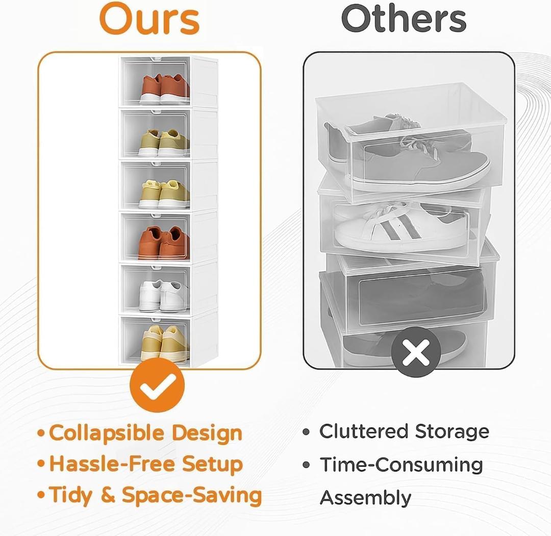 Stackable Clear Shoe Storage Boxes - Collapsible Drop Front Organizer (Set of Multiple Units)