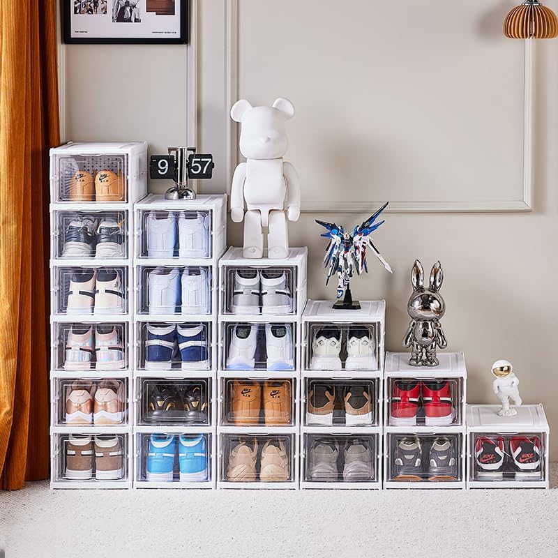 Stackable Clear Shoe Storage Boxes - Collapsible Drop Front Organizer (Set of Multiple Units)
