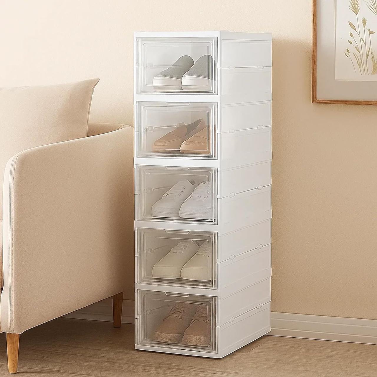 Stackable Clear Shoe Storage Boxes - Collapsible Drop Front Organizer (Set of Multiple Units)