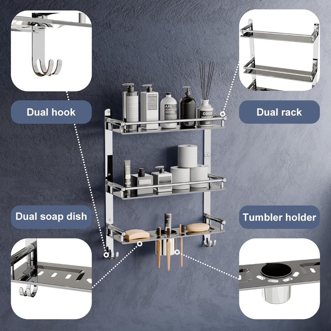 Stainless Steel 3-Tier 6 In 1 Bathroom Shelf Rack - 15 Inch