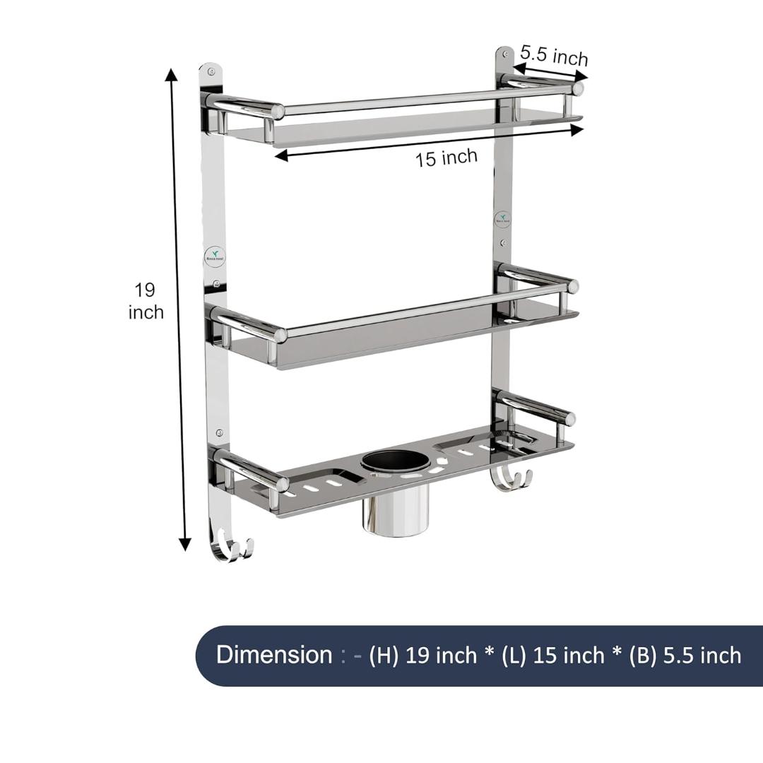 Stainless Steel 3-Tier 6 In 1 Bathroom Shelf Rack - 15 Inch