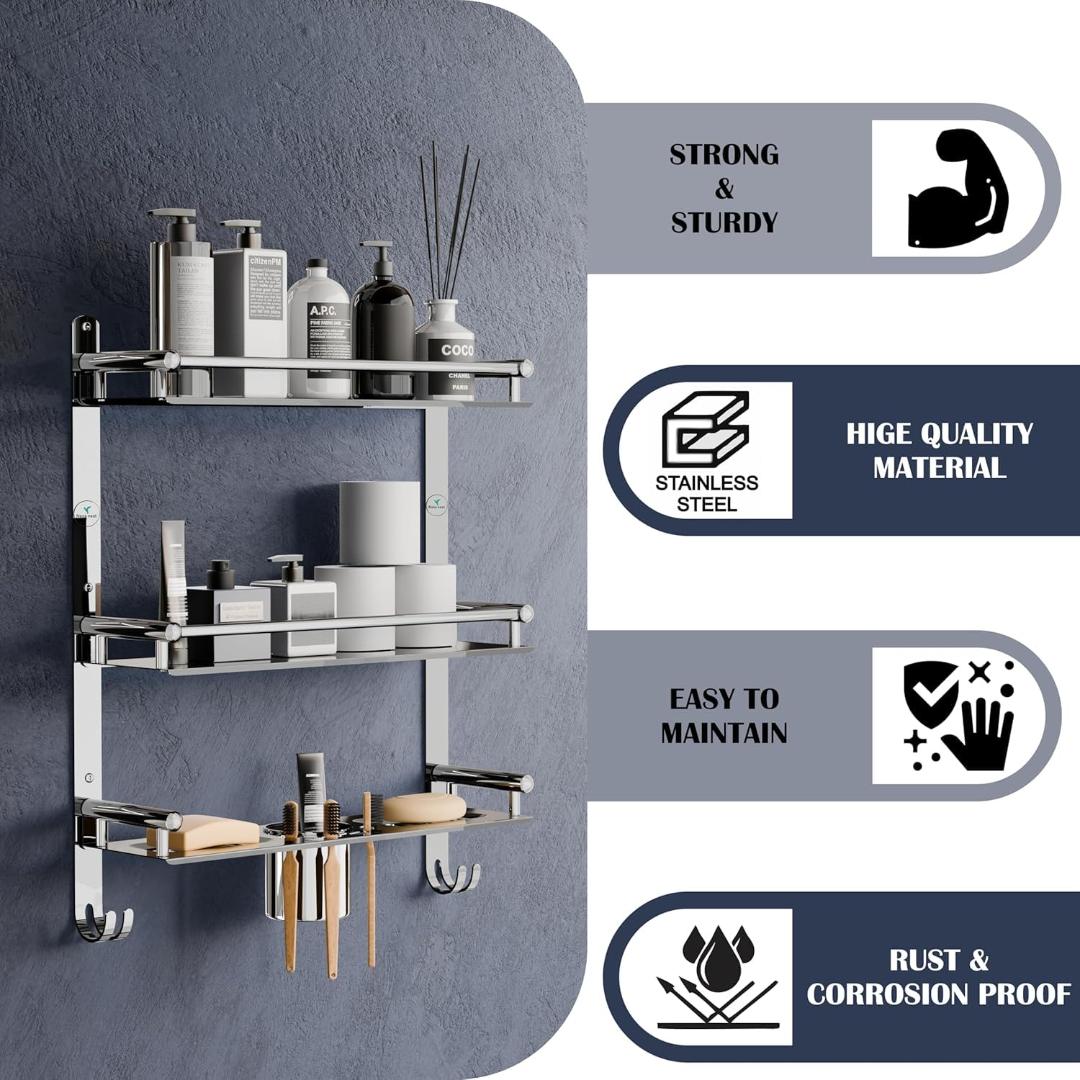 Stainless Steel 3-Tier 6 In 1 Bathroom Shelf Rack - 15 Inch