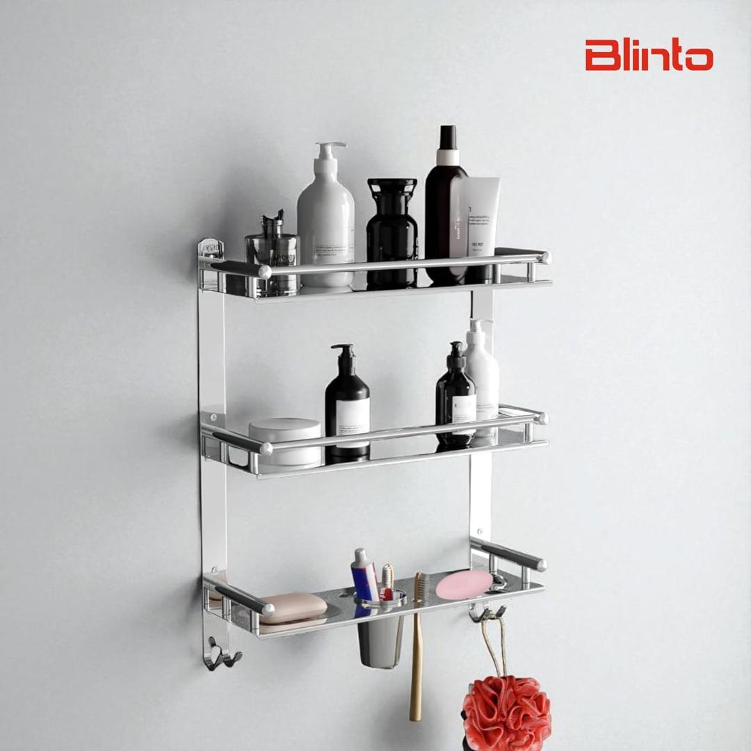 Stainless Steel 3-Tier 6 In 1 Bathroom Shelf Rack - 15 Inch