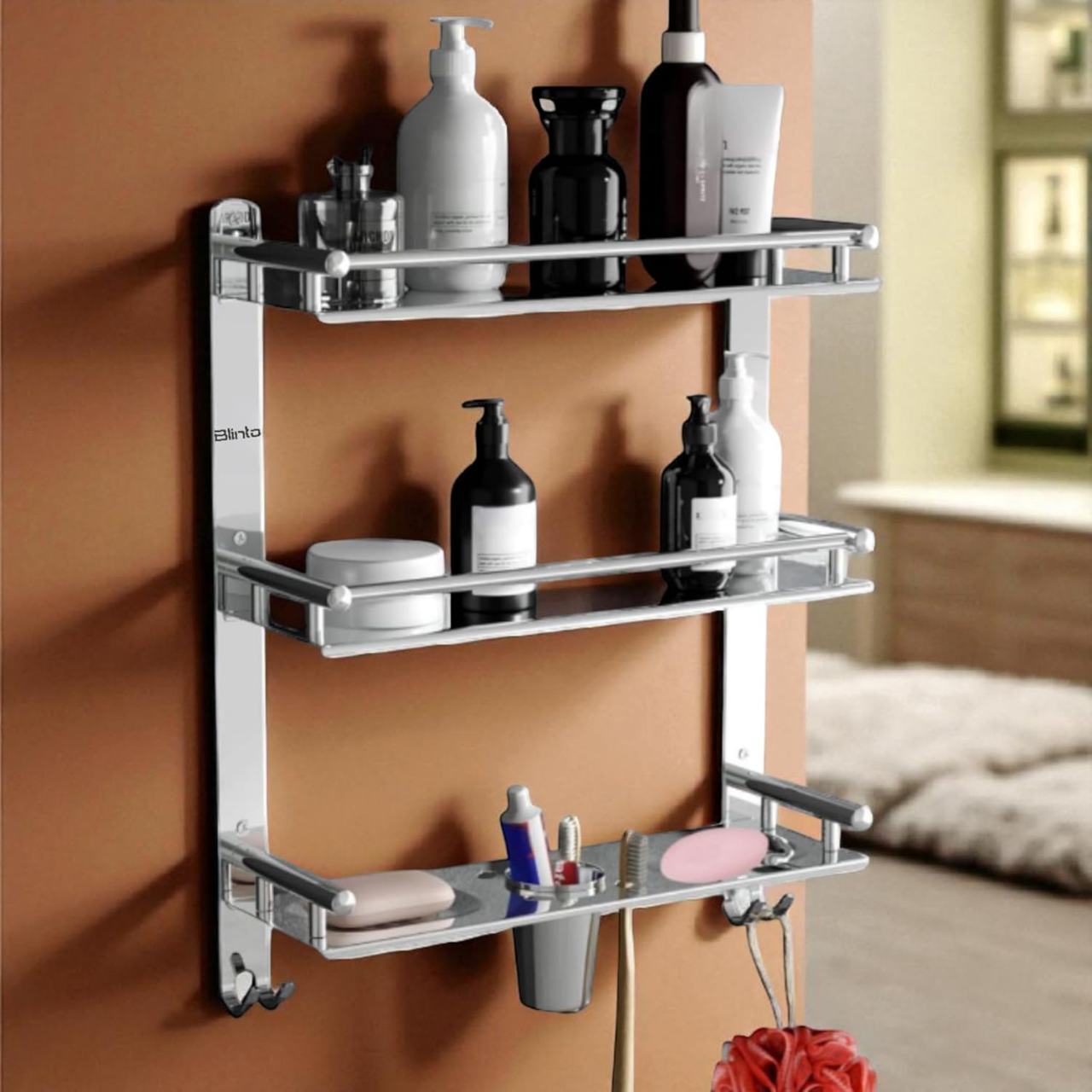 Stainless Steel 3-Tier 6 In 1 Bathroom Shelf Rack - 15 Inch