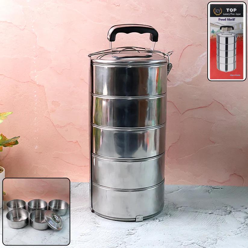 Stainless Steel 5 Compartment Round Lunch Box - Leakproof Tiffin (16x5")