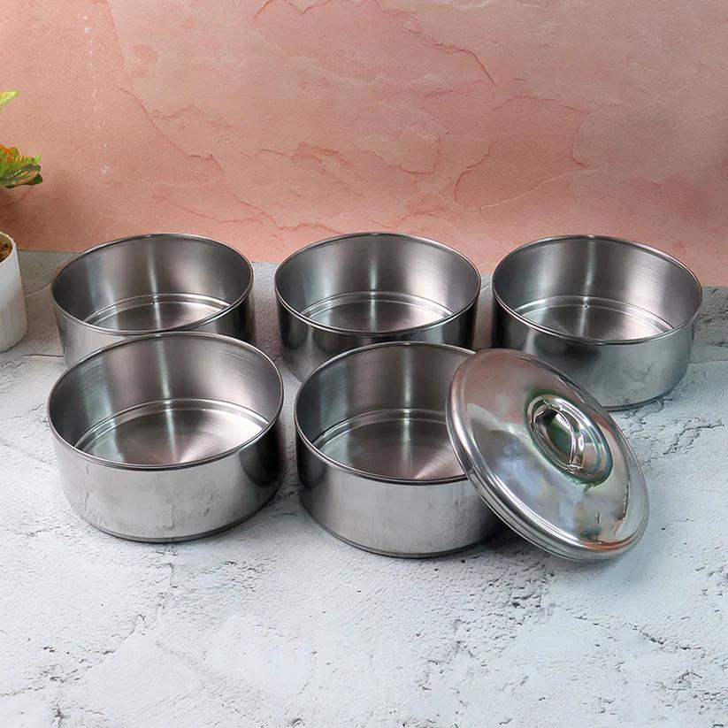 Stainless Steel 5 Compartment Round Lunch Box - Leakproof Tiffin (16x5")