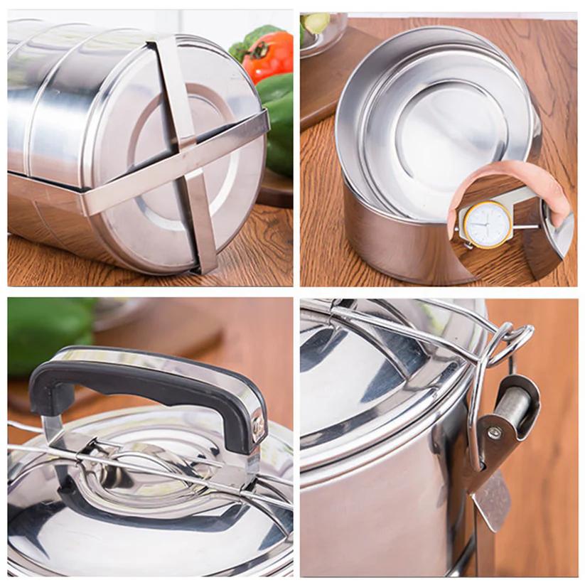 Stainless Steel 5 Compartment Round Lunch Box - Leakproof Tiffin (16x5")