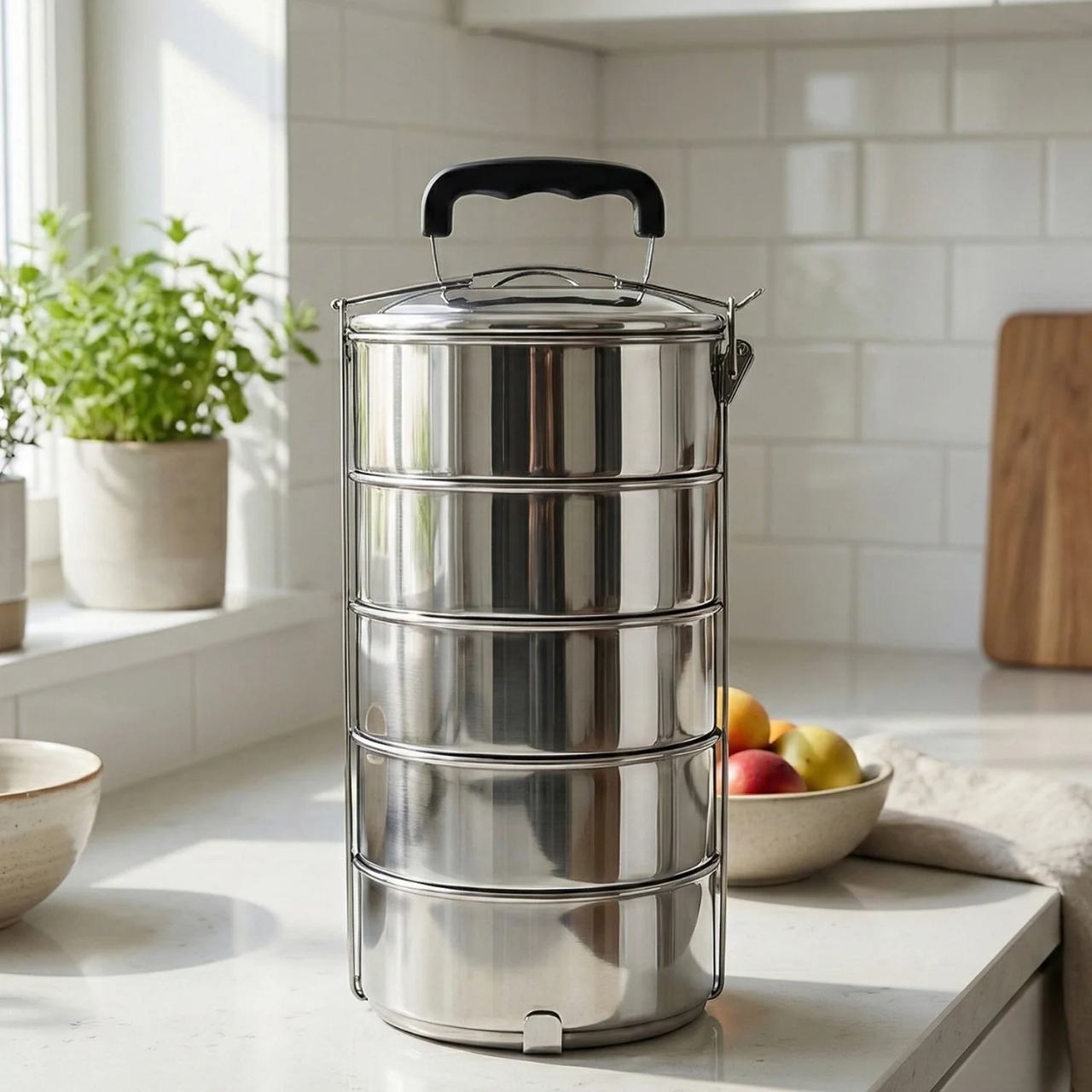 Stainless Steel 5 Compartment Round Lunch Box - Leakproof Tiffin (16x5")