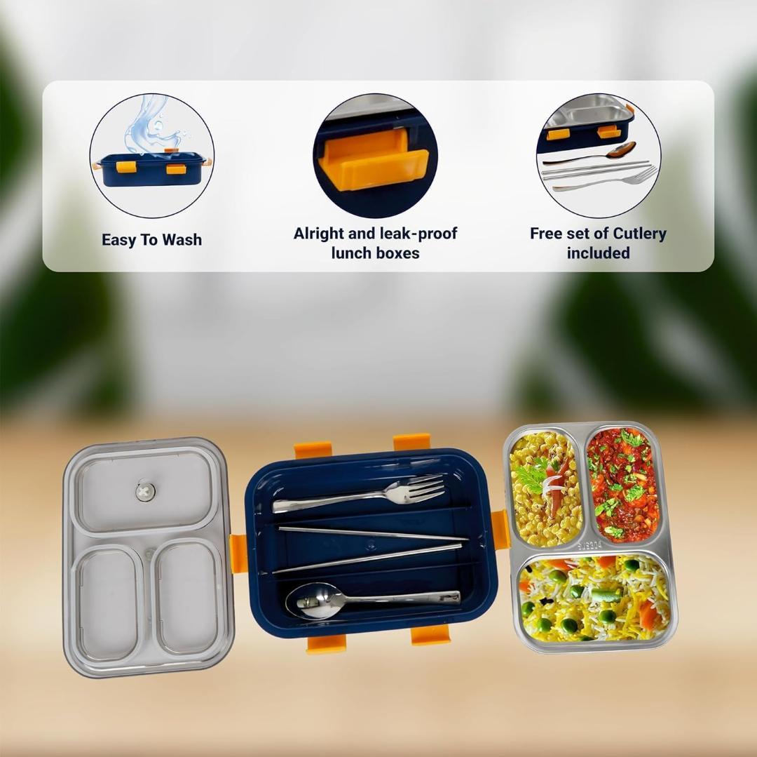 Stainless Steel Lunch Box with Compartments and Spoon - Navy Blue