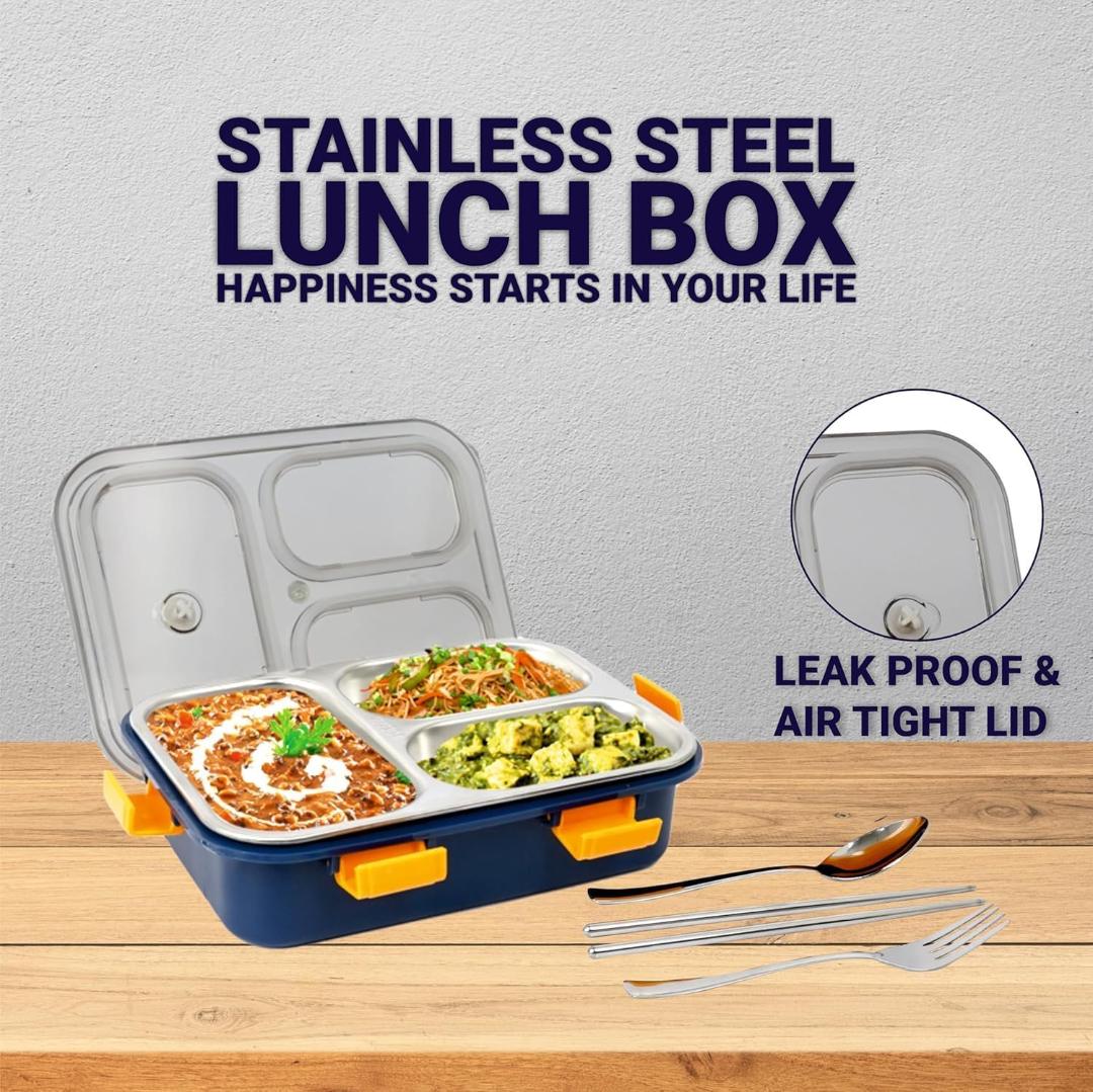 Stainless Steel Lunch Box with Compartments and Spoon - Navy Blue