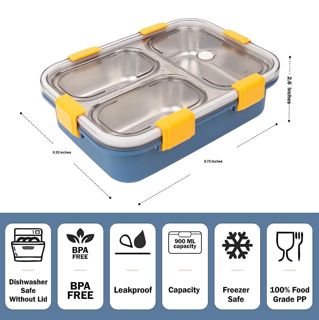 Stainless Steel Lunch Box with Compartments and Spoon - Navy Blue