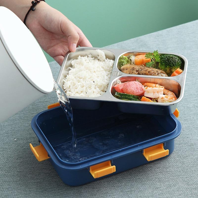 Stainless Steel Lunch Box with Compartments and Spoon - Navy Blue
