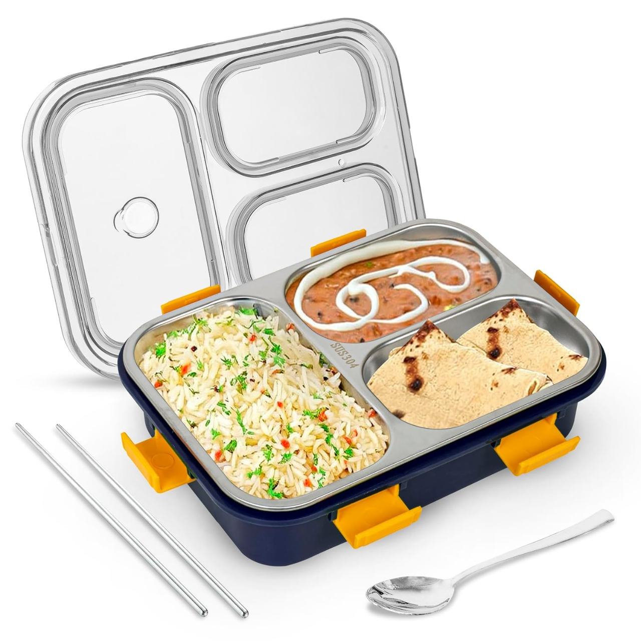 Stainless Steel Lunch Box with Compartments and Spoon - Navy Blue