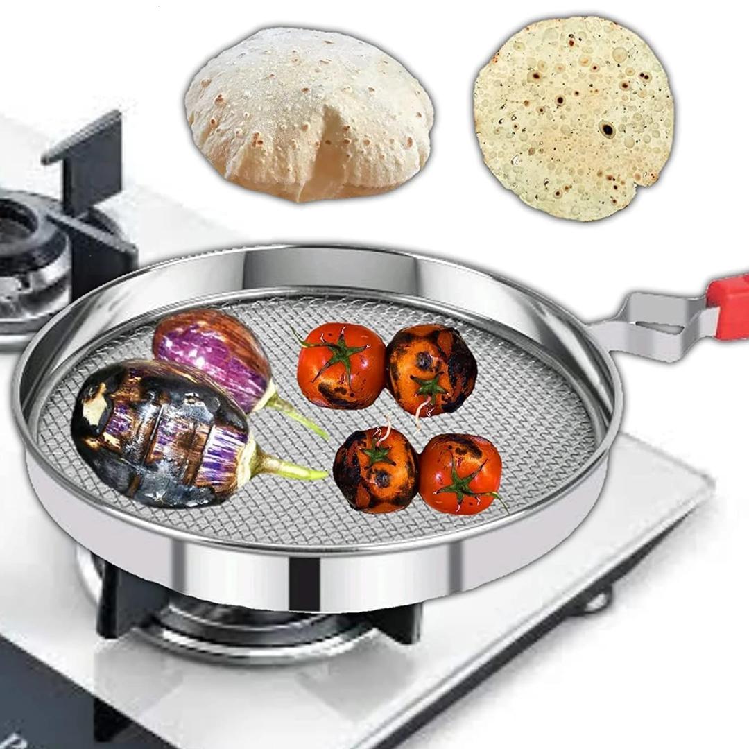 Stainless Steel Mesh Roasting Pan for Roti/Chapati with Foldable Heat-Resistant Handle - Gas Stove Compatible