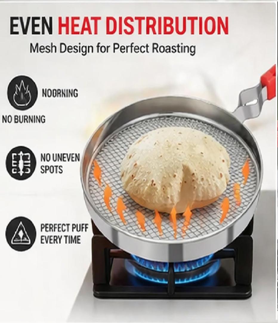 Stainless Steel Mesh Roasting Pan for Roti/Chapati with Foldable Heat-Resistant Handle - Gas Stove Compatible