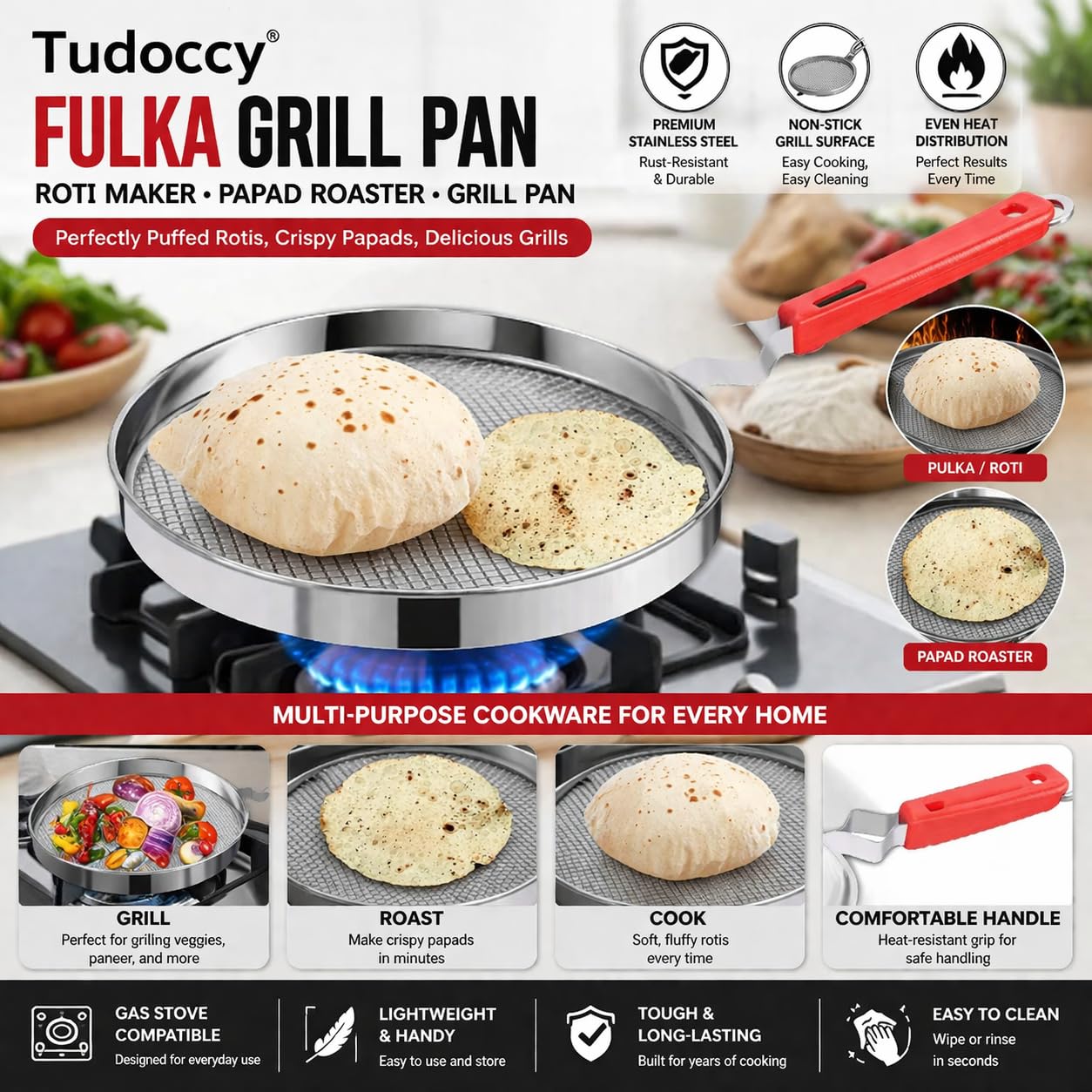 Stainless Steel Mesh Roasting Pan for Roti/Chapati with Foldable Heat-Resistant Handle - Gas Stove Compatible