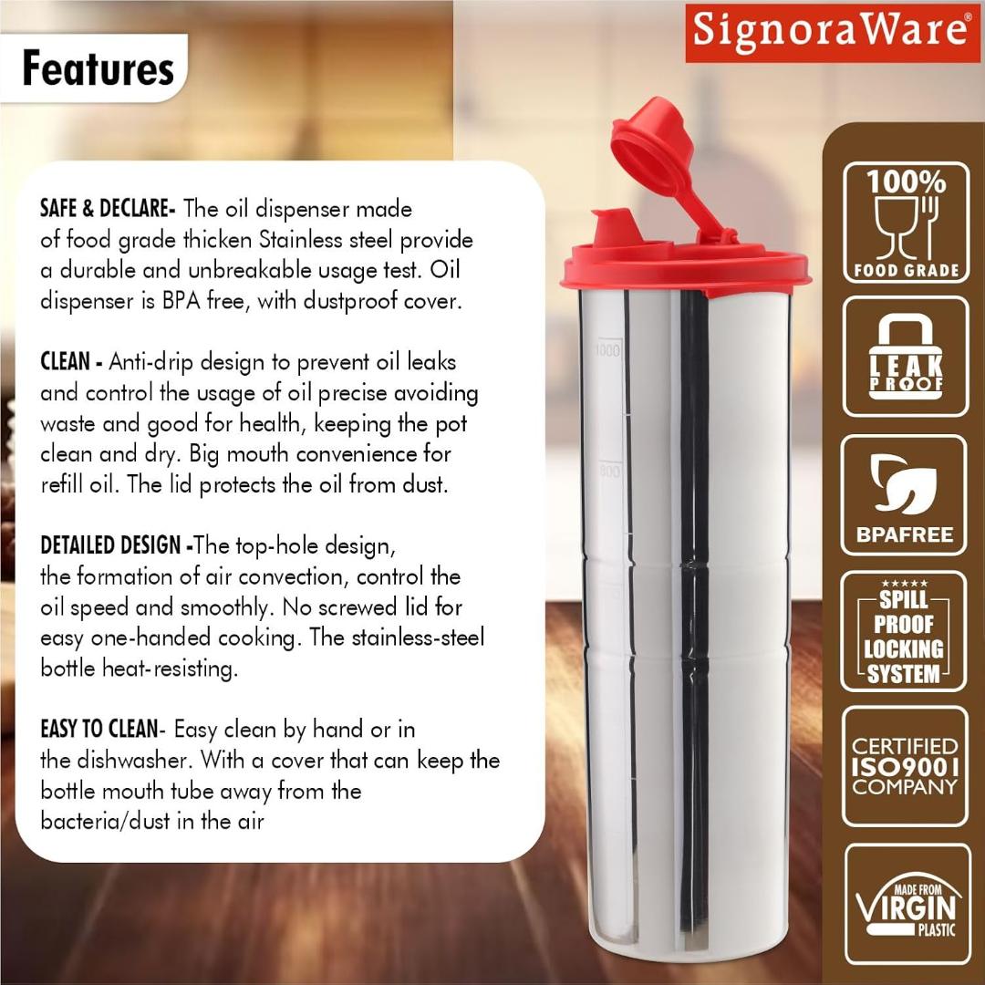 Stainless Steel Oil Dispenser Bottle with Flip Lid and Handle (Red)